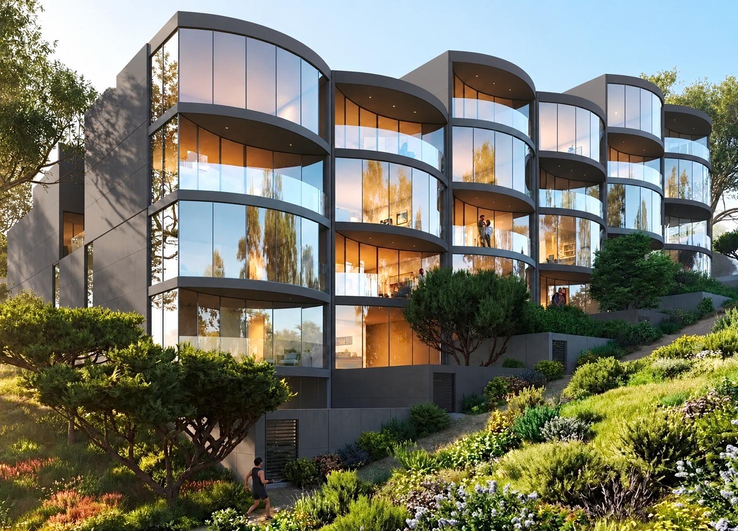 Curved glass residential architecture set within a lush hillside